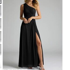 Azazie Brooke Black A-line One Shoulder Mesh Dress